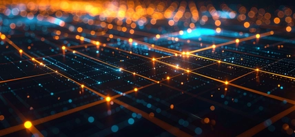 Abstract digital landscape with glowing grid, converging lines, and bokeh lights
