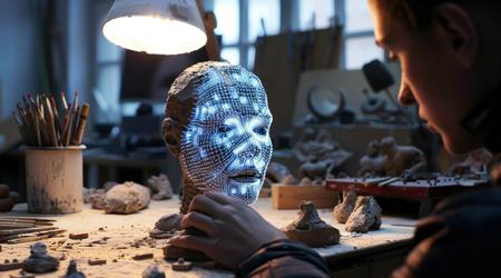 person working on model of a head with face lit up