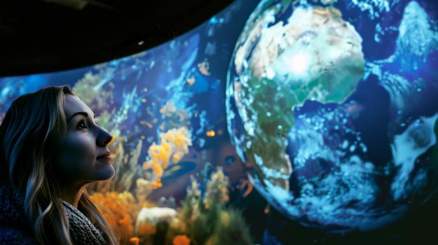 woman looking at image of globe