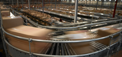 Boxes speed by on the conveyor system at a warehouse.