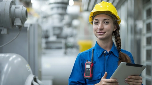 Femal Engineer holding a digital tablet as her conducts a safety check in boiler room of food processing plant
