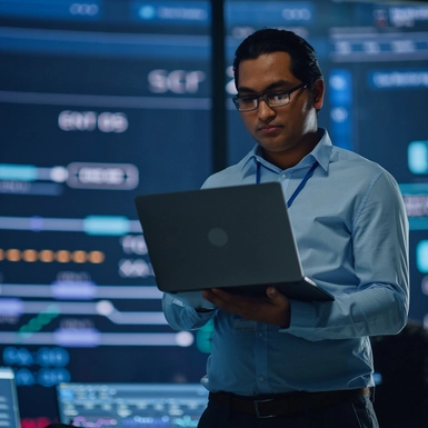 man holding laptop in front of large screen