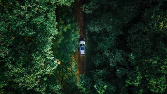 aerial view of the car in forest at trail road