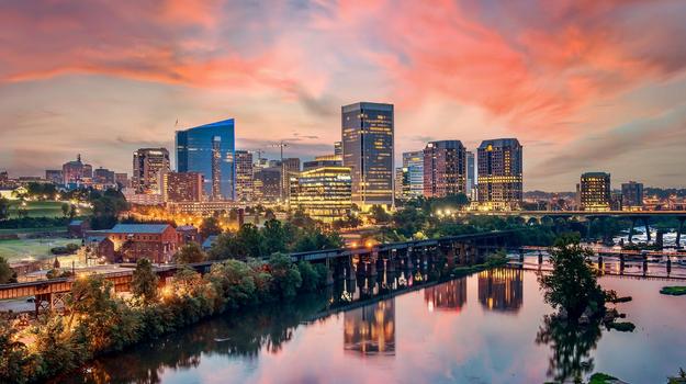 city skyline at sunset