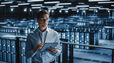 man holding tablet in server room