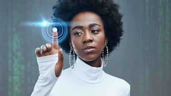 Woman touching the AI mirror