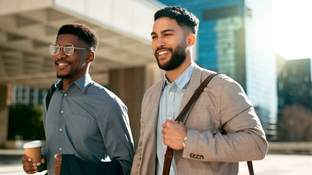 men is walking with business people, conversation and planning with happiness