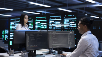 two colleagues working in a data center