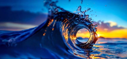 rolling wave creating a circle in front of sunset