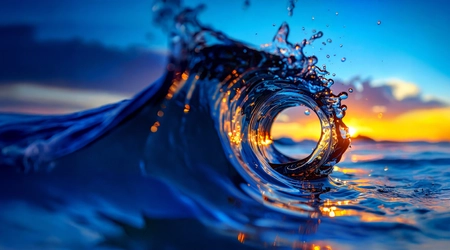 rolling wave creating a circle in front of sunset