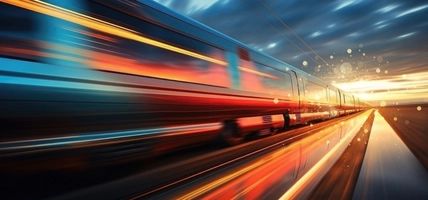 Train Traveling Through Scenic Landscape at Sunset