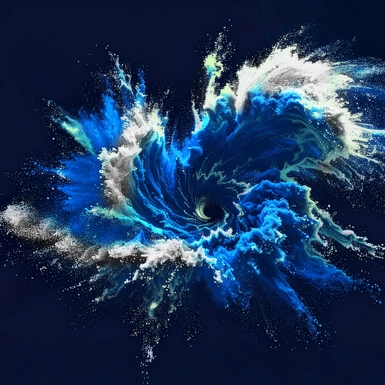 Abstract artwork featuring a swirling explosion of vibrant colors, mainly blue and white, on a dark, navy blue background.