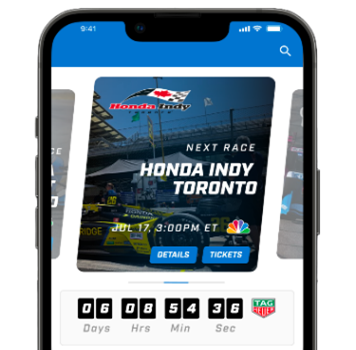 Smartphone screen showing a racing event countdown for Honda Indy Toronto, with options for tickets, schedule, and other details.