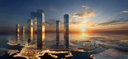 A surreal landscape featuring reflective vertical pillars on a water surface during a sunset, surrounded by luminous patterns.