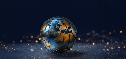 A stylized globe with metallic and reflective surfaces showing continents, set against a dark background with glowing specks.