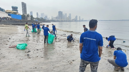 employees cleaning up beach