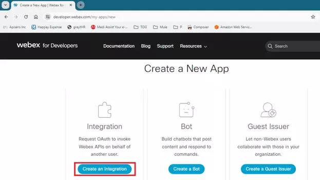 Create an integration in webex site