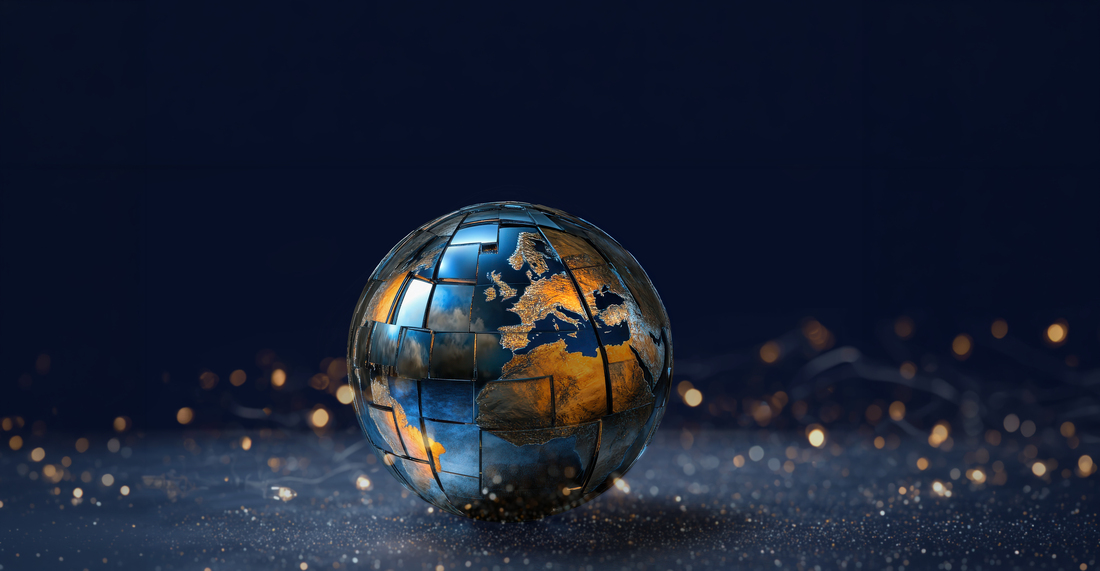 A polished chrome globe reflecting fragmented images of the earth with a dramatic cloudy background