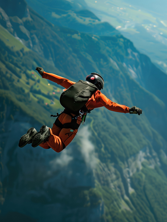Man practicing base jumping from a cliff. One of the most dangerous extreme sport.