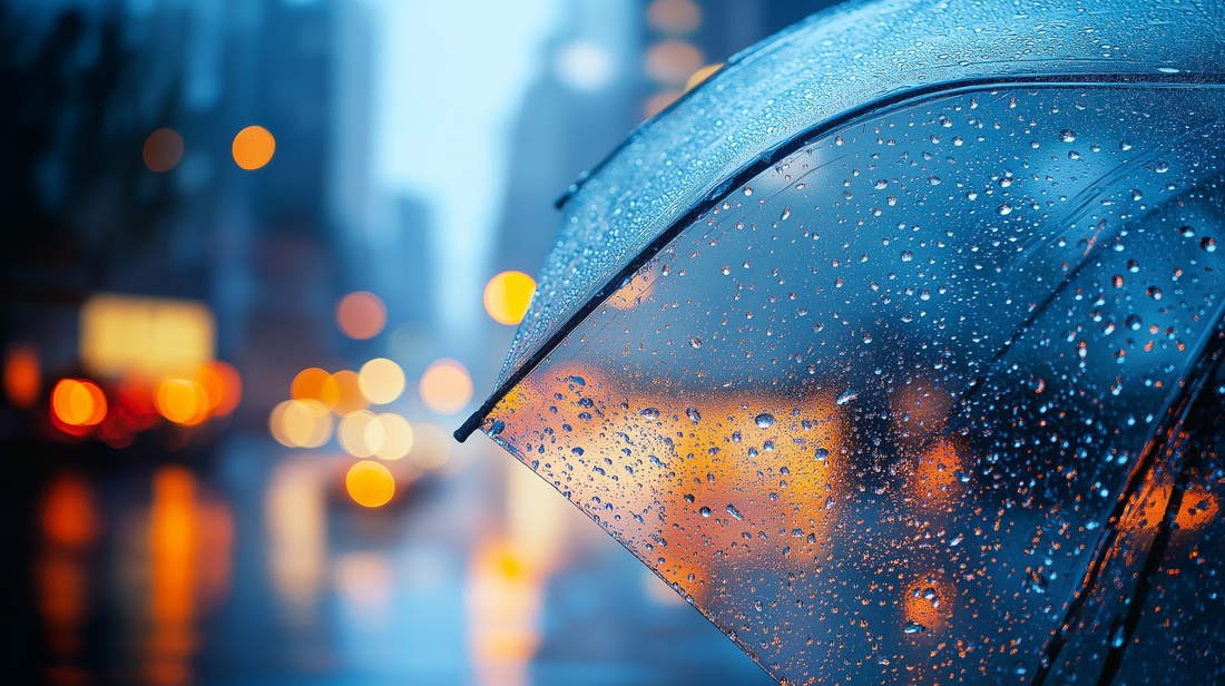 Night cityscape seen through wet umbrella during rainy weather