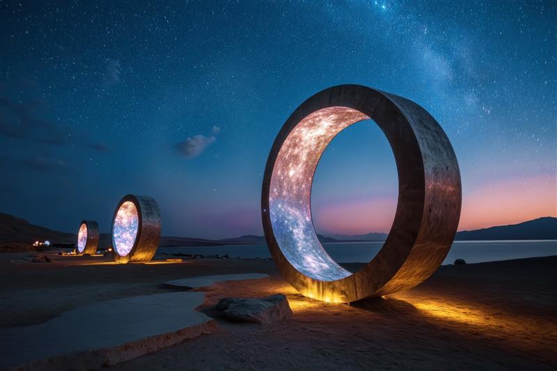 Large circular sculptures illuminated against a twilight sky, with a coastal landscape and a star-filled backdrop.