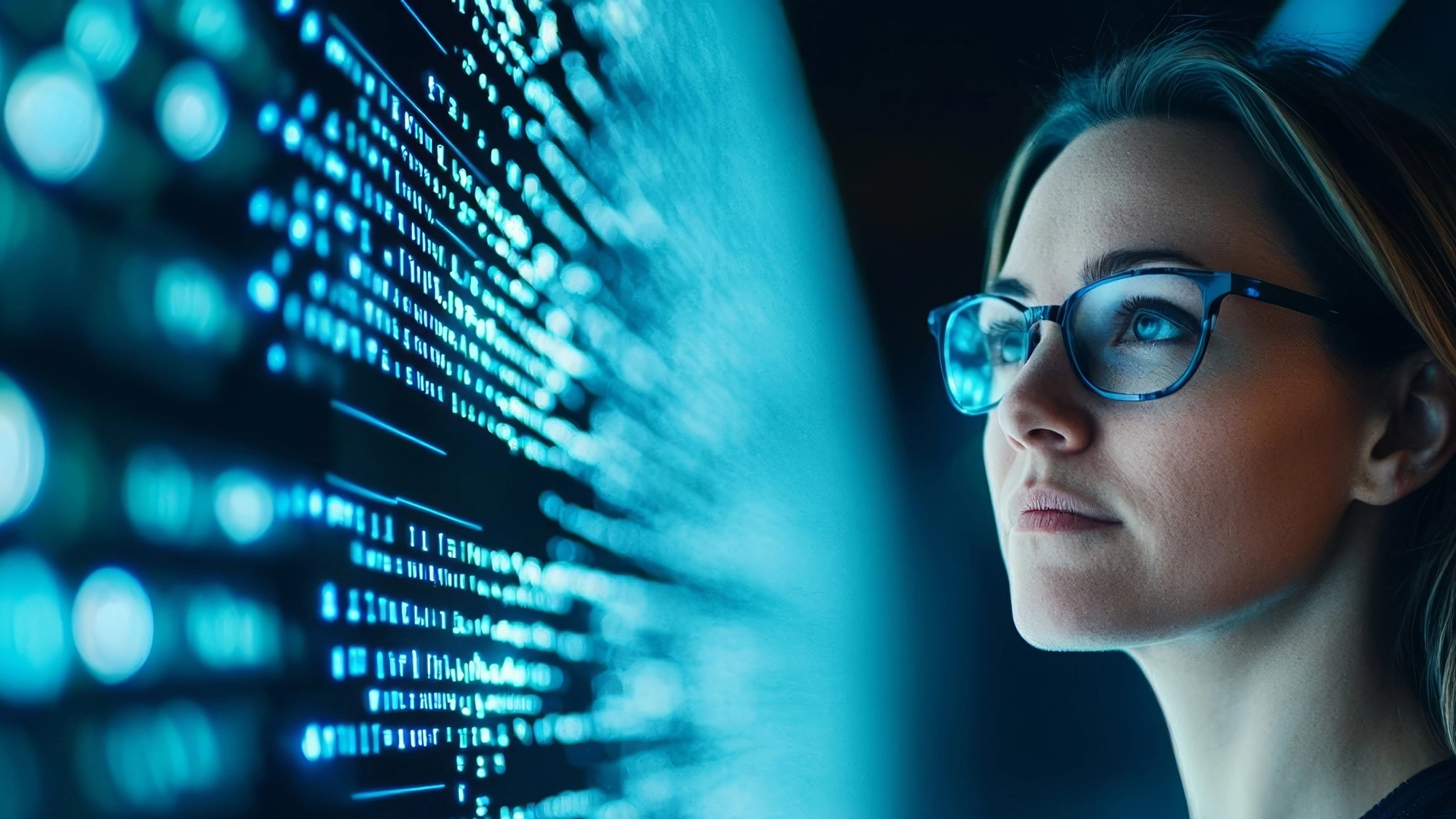 Woman in tech, illuminated by blue data light, focused on advanced cybersecurity systems, Generative AI