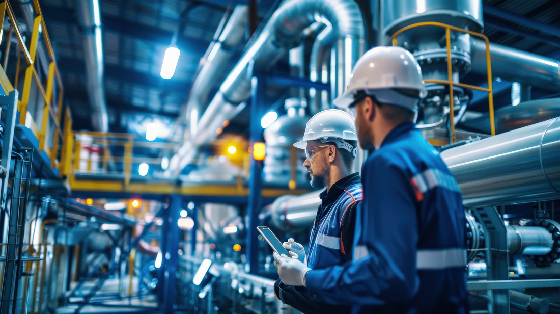 A men in safety gear are looking at a piece of machinery