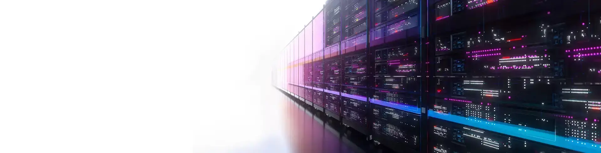 Servers with purple and white lights, photographed in perspective.