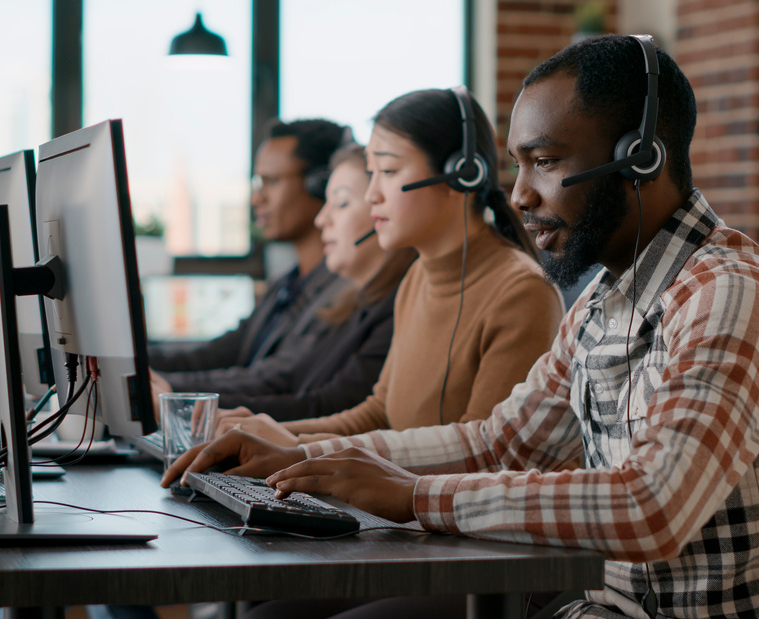 African american man working at call center office