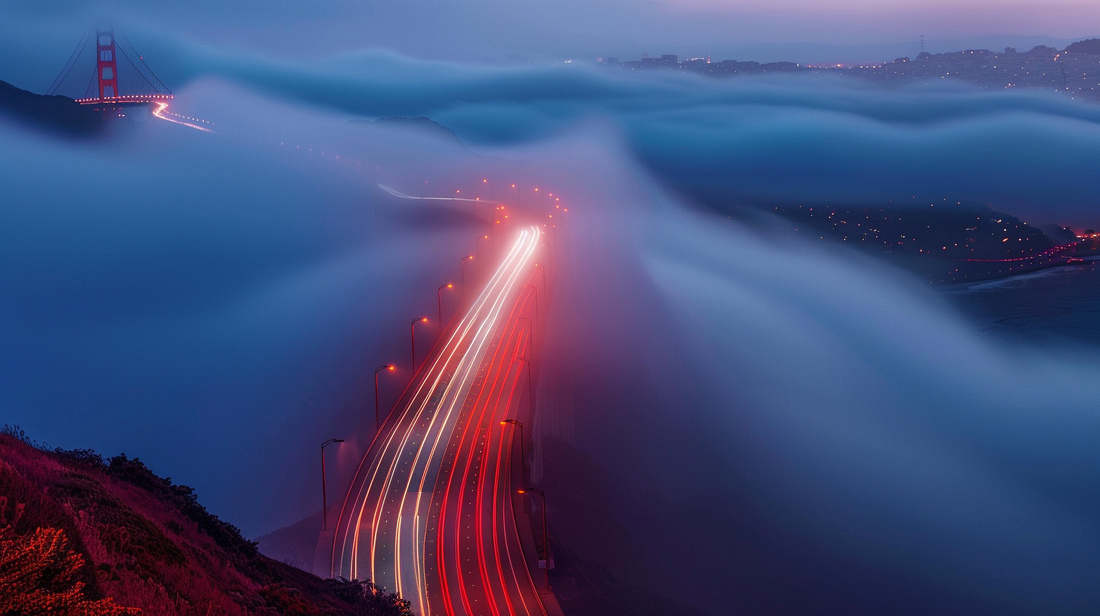 A serene long exposure of the Golden Gate Bridge in San Francisco at dusk, with streaks of car lights.