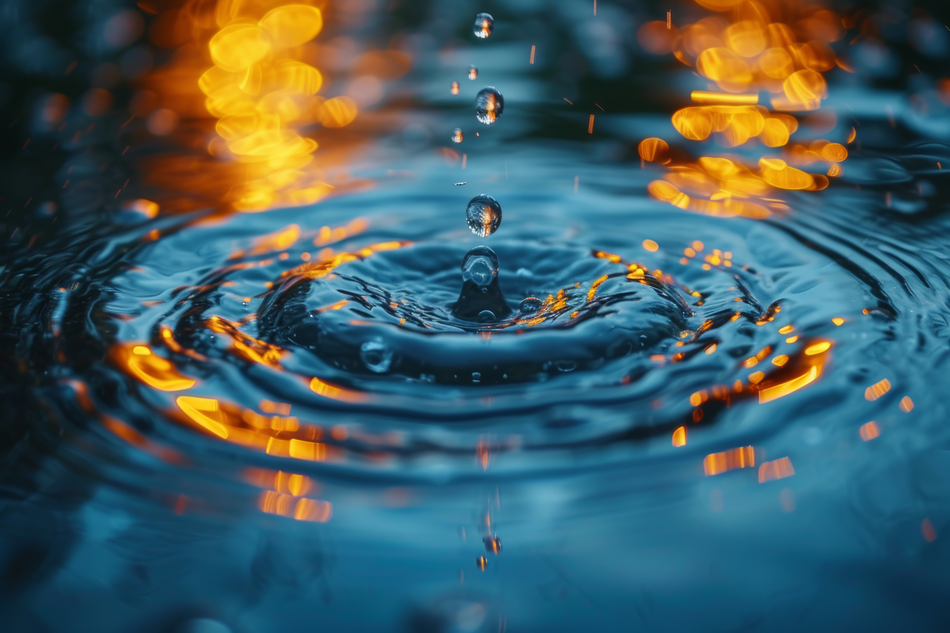 Abstract close-up of a reflective water surface disturbed by raindrops