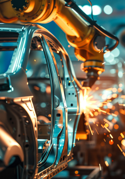 A robotic arm welding car parts in an automobile factory