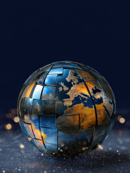 A polished chrome globe reflecting fragmented images of the earth with a dramatic cloudy background