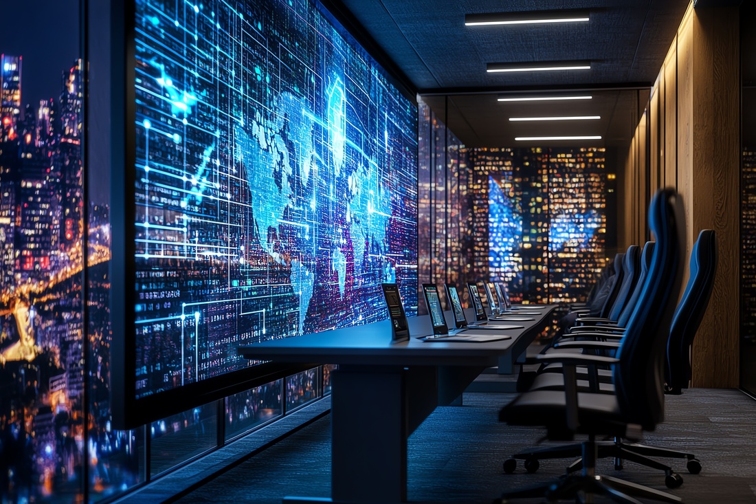 Modern control room with large digital screens displaying global data and maps, illuminated by city lights.