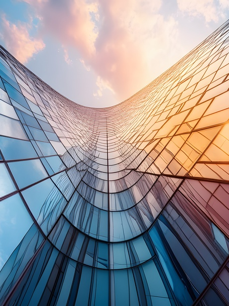A modern glass skyscraper with a curved facade at sunset.