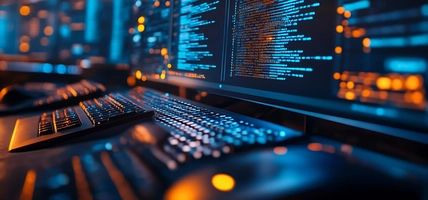 closeup of computer screen with code and keyboard