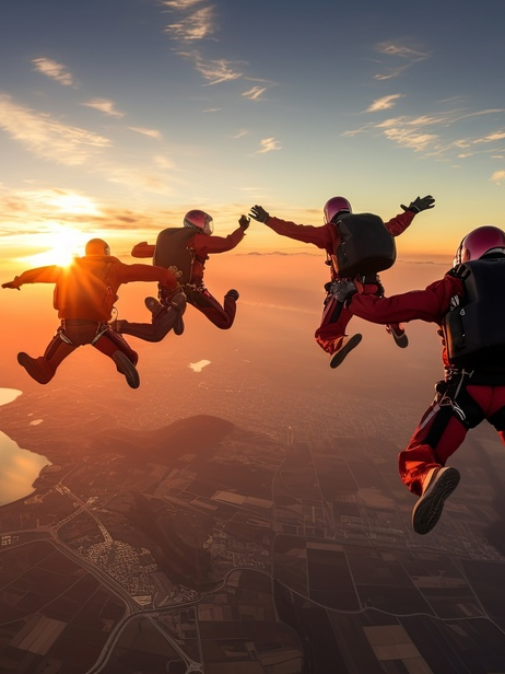 Skydiving group at the sunset Skydivers make a formation above the clouds