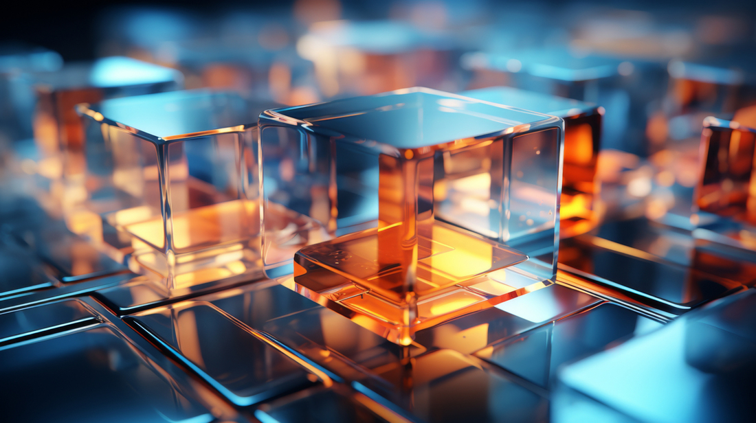 Abstract background of reflective neon purple, blue and orange glass cubes with copy space