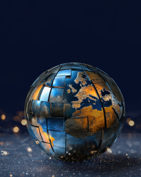 A polished chrome globe reflecting fragmented images of the earth with a dramatic cloudy background