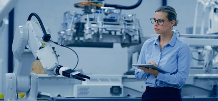 Robot automation, engineering and woman on tablet in lab for research, analytics and machine