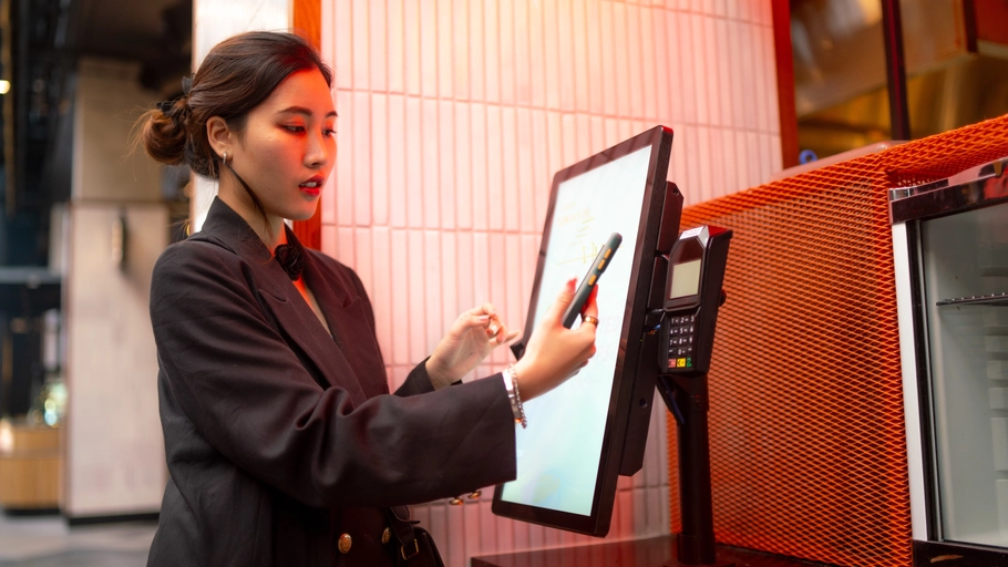 woman at screen using mobile device to assist