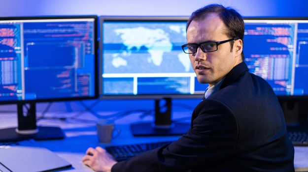 man at desk with multiple screens looking at camera