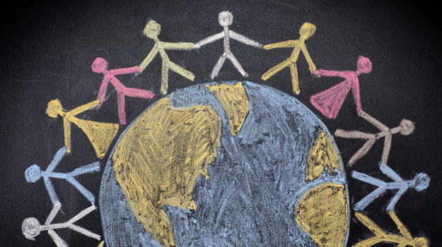 chalk drawing of earth with people around