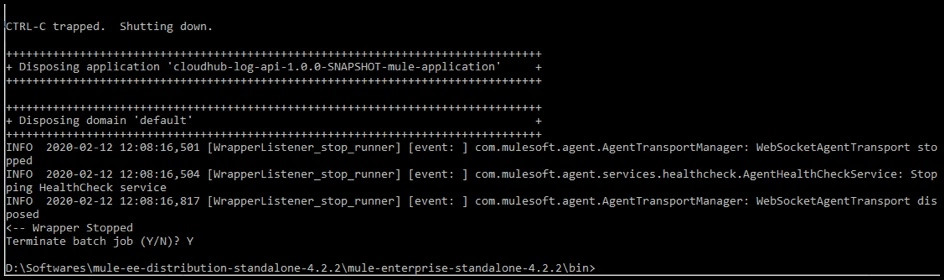 Stop the mule standalone runtime by pressing Ctrl + C