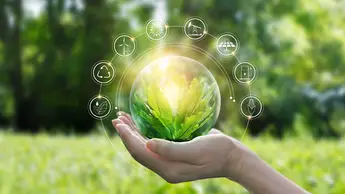 Transparent earth structure with leaves inside on a woman's hand