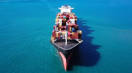 Large container ship at sea - Top down Aerial Image