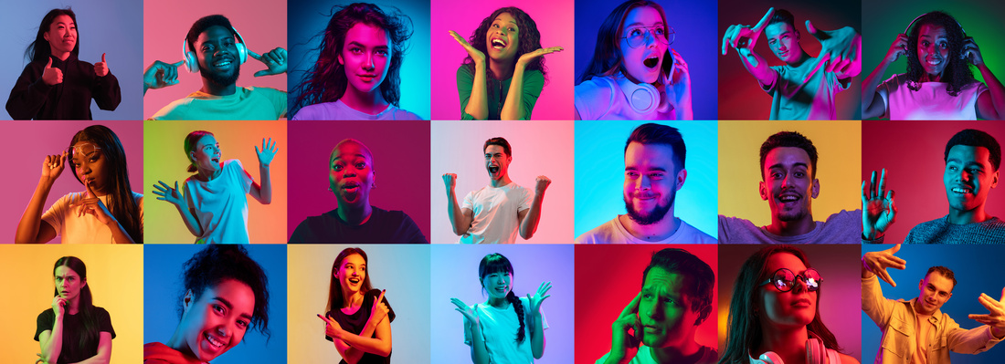 Portrait of group of people on multicolored background in neon light, collage.