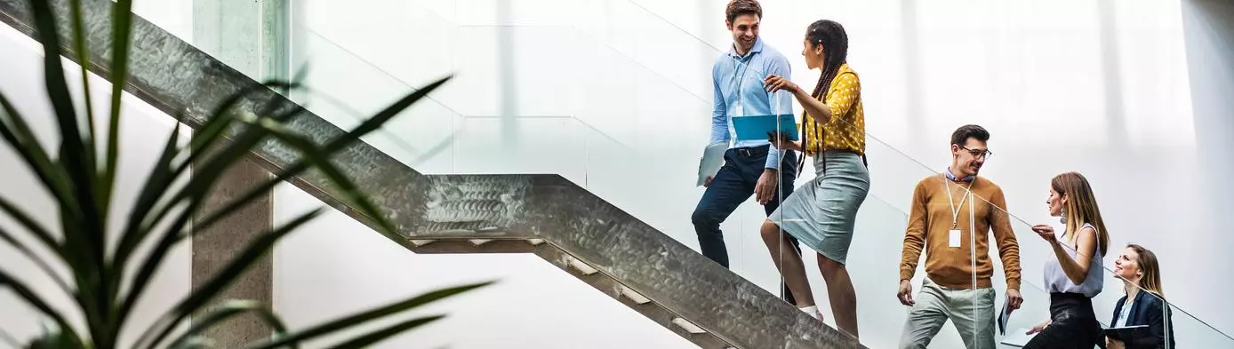 A group of businesspeople walking up the stairs in the modern building, talking